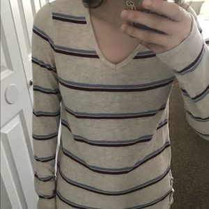 Grey long sleeve with blue & burgundy stripes